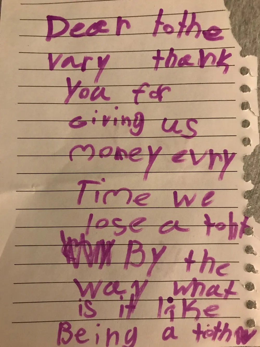 Dear Tooth Fairy, Thank you for giving us money every time we lose a tooth. By the way, what is it like being a tooth fairy?