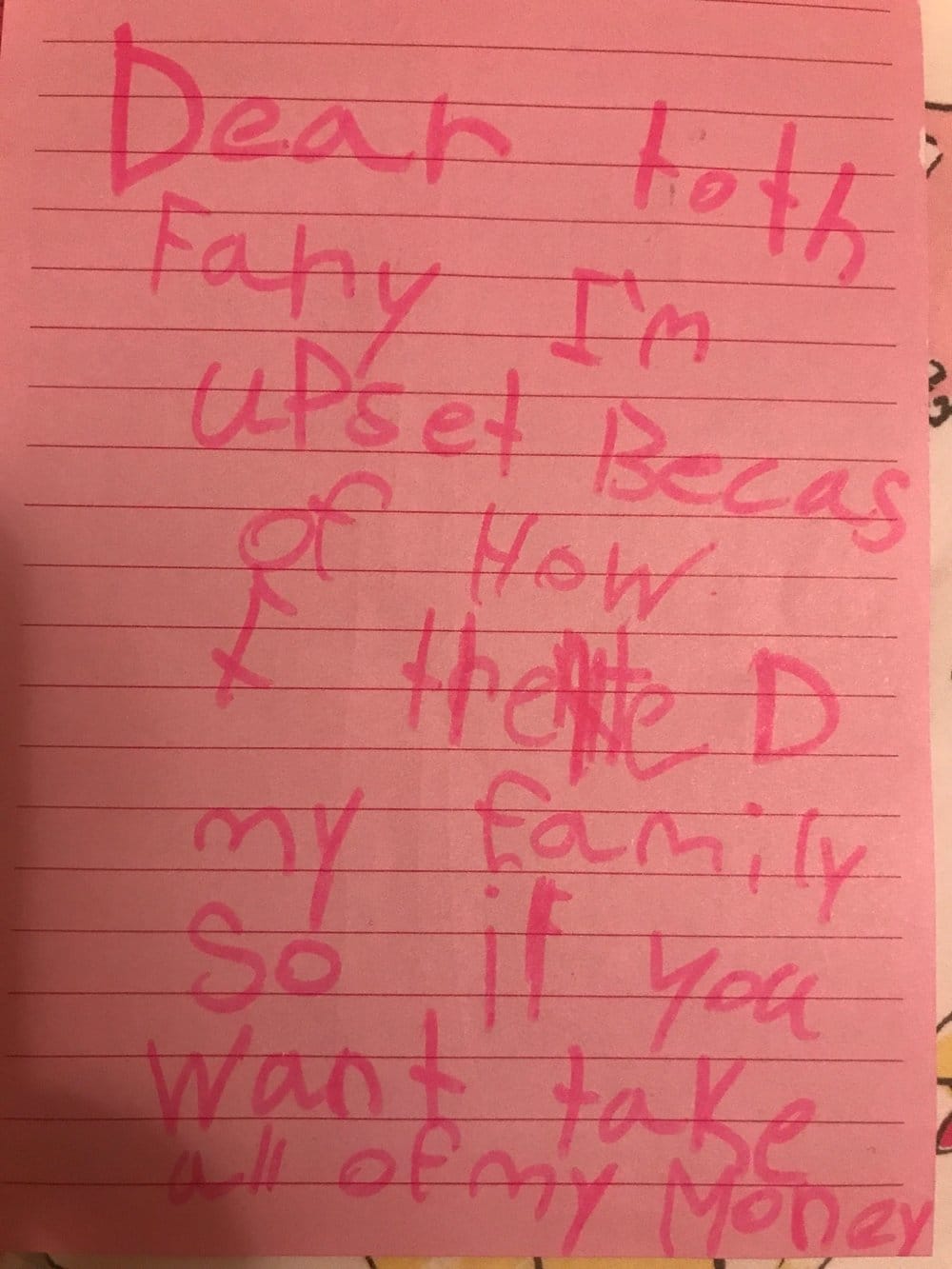 Dear Tooth Fairy, I’m upset because of how I treated my family. So if you want, take all of my money.